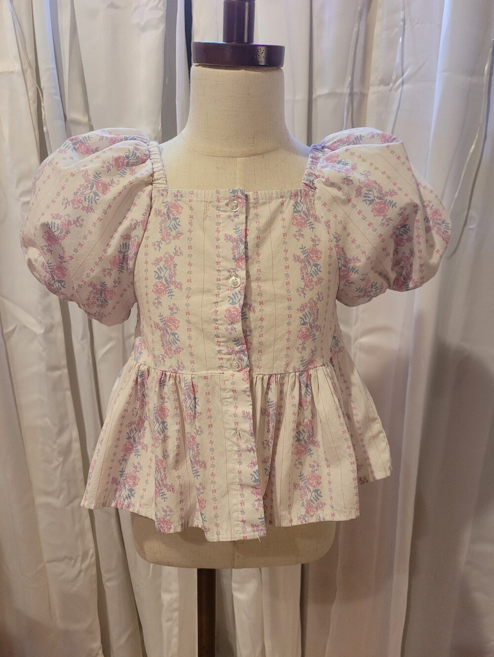btween White Floral Puff Sleeve Peplum Top with Pink and Blue Flowers